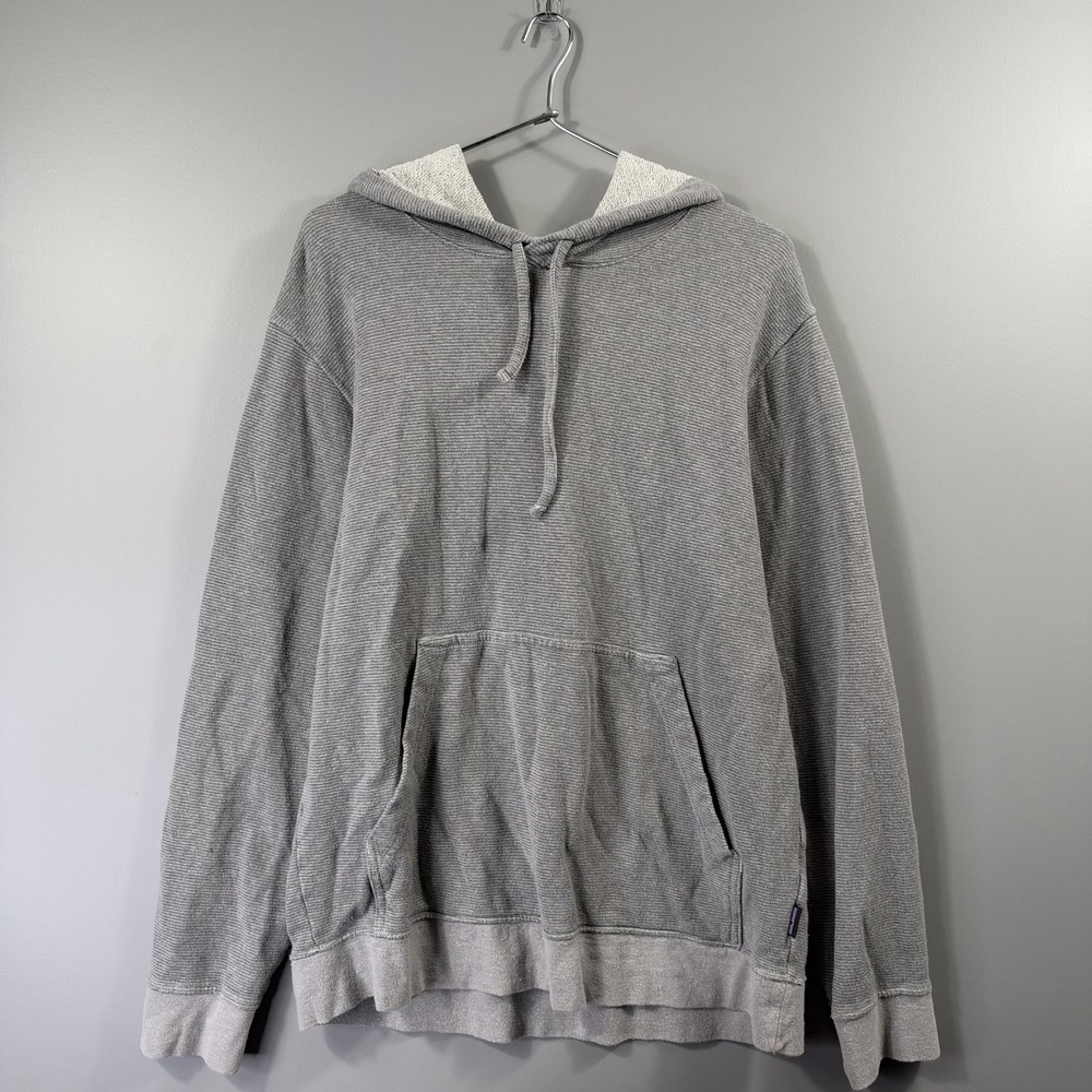 Patagonia Hoodie Mens Large Gray Striped Kangaroo Pocket Pullover Sweatshirt